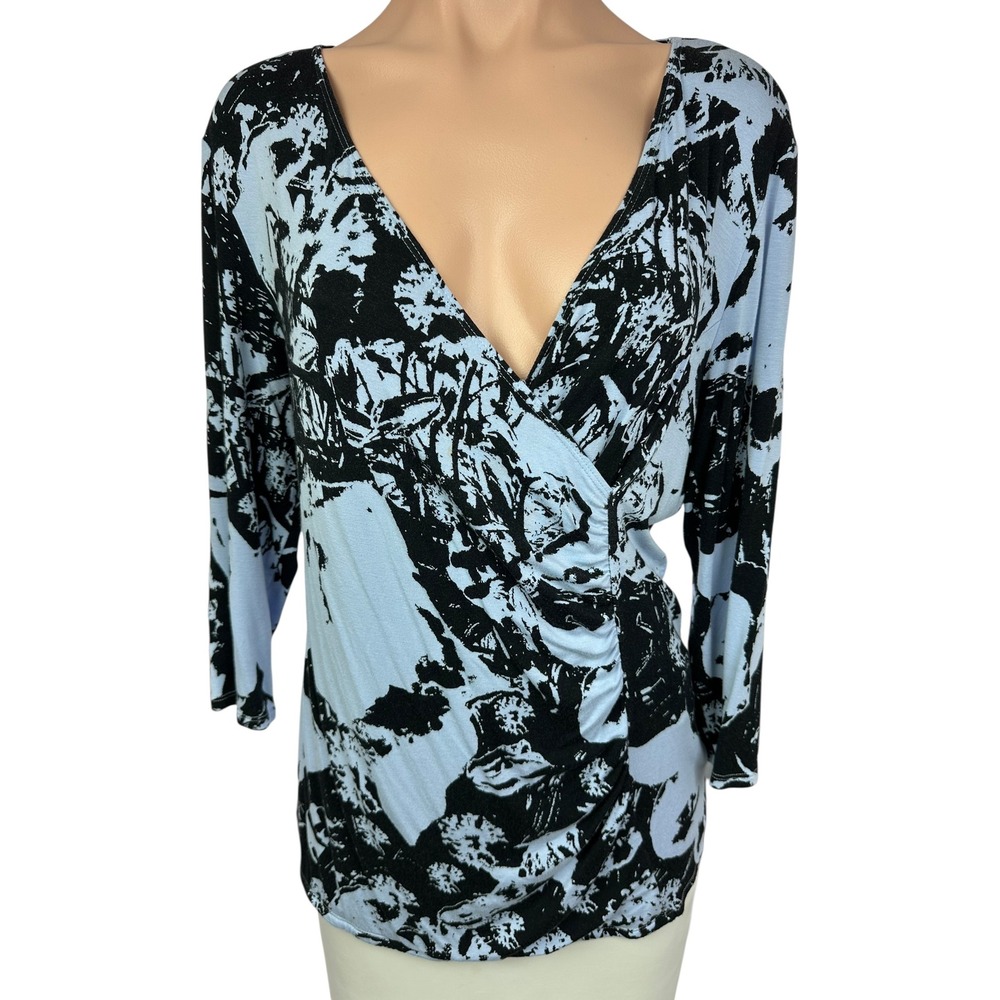 Dana Buchman Womens Blue Black Abstract Floral Faux Wrap Ruched Top Size L